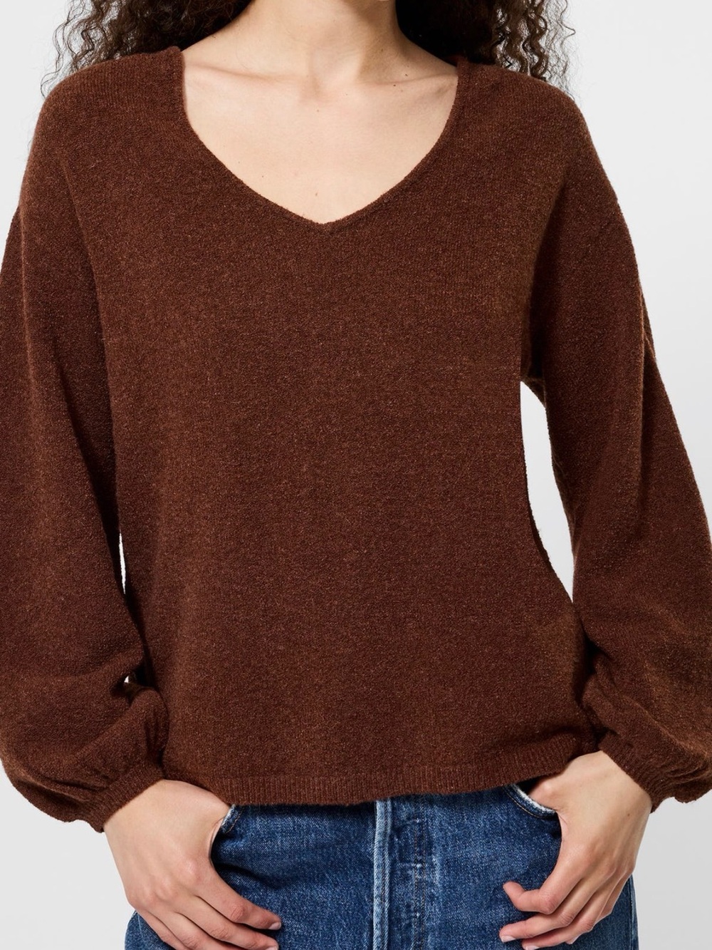 French Connection Brown V-Neck Balloon Sleeve Sweater Small NEW